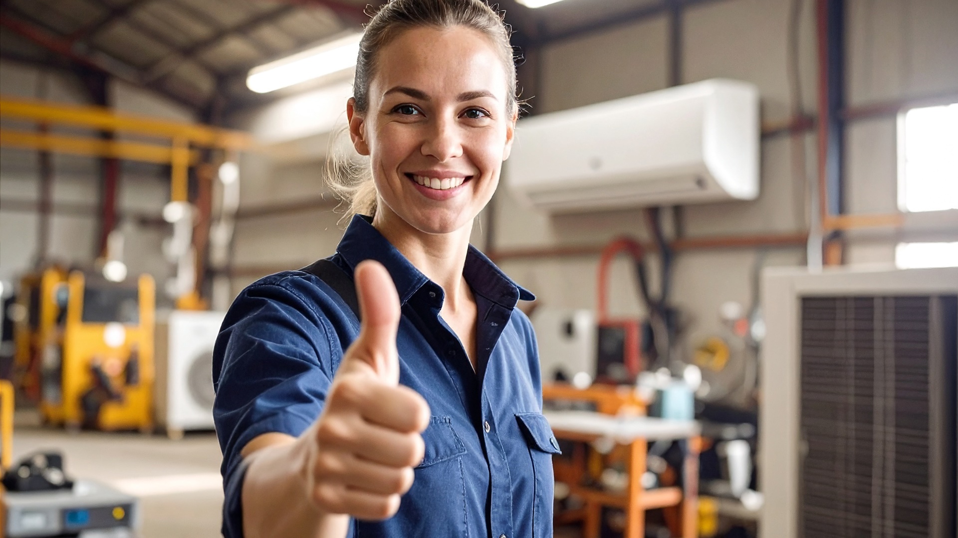 Junge Frau aus der Haustechnik-Abteilung hebt den Daumen