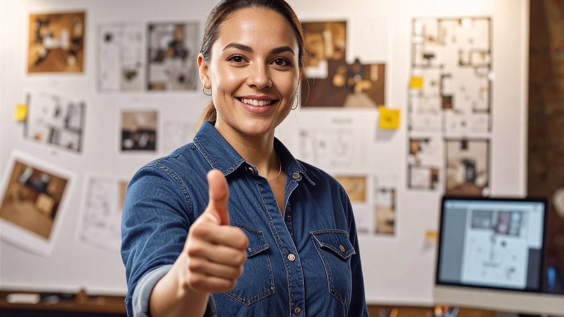 Junge Frau aus der Planungsabteilung hebt den Daumen